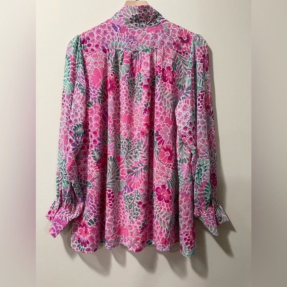 NWOT Aura Sheer Lined Pink Green Purple Floral Button-Up Blouse Size Medium - Picture 7 of 7